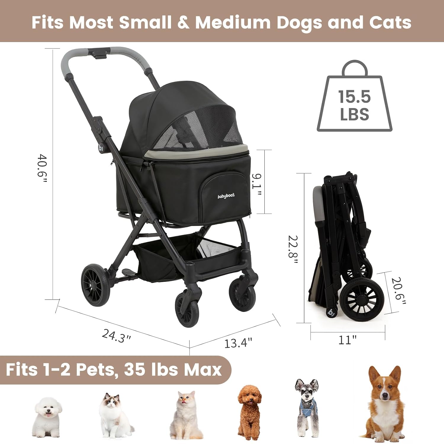 Foldable Dog Stroller for Small Dogs Cats Portable Compact Stroller for Pets Up to 35lbs One Click Folding Travel Pet Carriage with Convertible Canopy, Storage Basket – Black