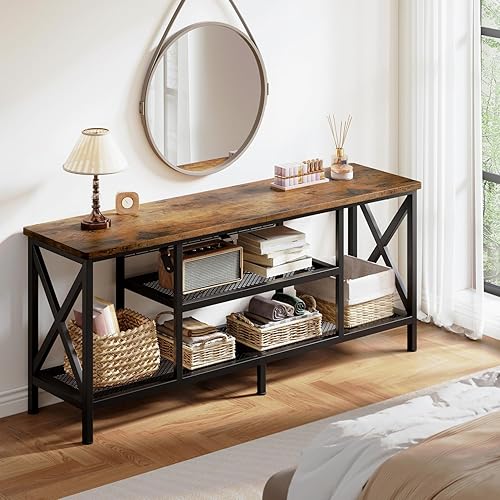 Miniatura 2 de Gizoon 59.8" Industrial TV Stand for 55-65 Inch TVs, Rustic Brown, 3-Tier Media Entertainment Center with Open Shelves, Metal Frame, Sofa Table for