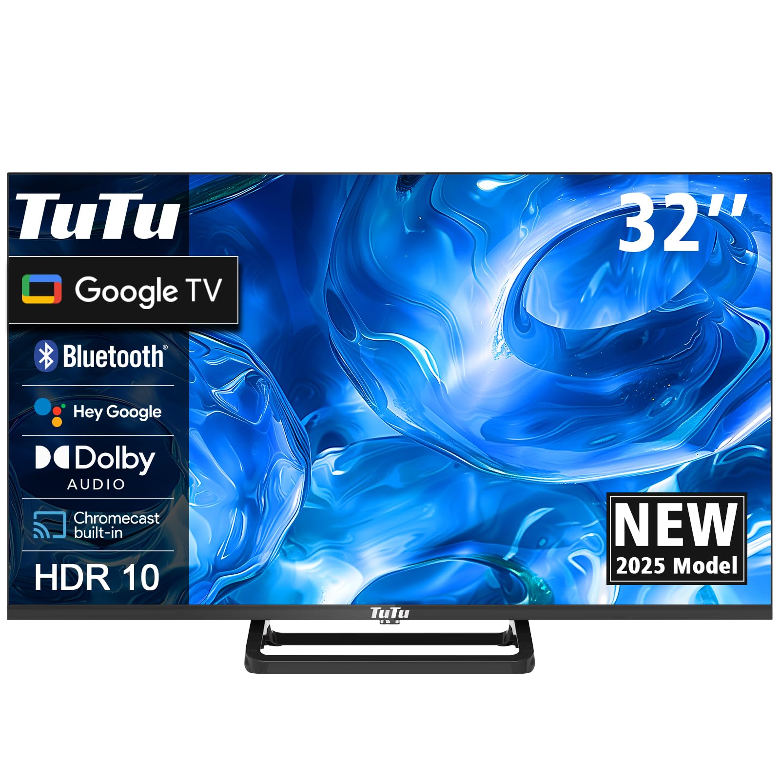 TuTu TUG32HQ1C Smart TV 32 Pollici, Google TV LED Televisori con Wi-Fi, Bluetooth 5.0, App Store, Triple Tuner (DVB-T/T2, DVB-C, DVB-S/S2), HDMI, USB, Base Centrale [2025]
