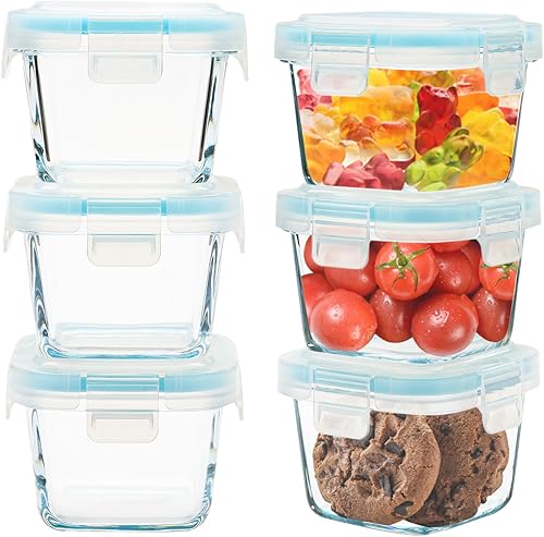 Paquete de 6 recipientes pequeños de vidrio, reutilizables, herméticos, a prueba de fugas, mini recipientes de almacenamiento de alimentos con tapas
