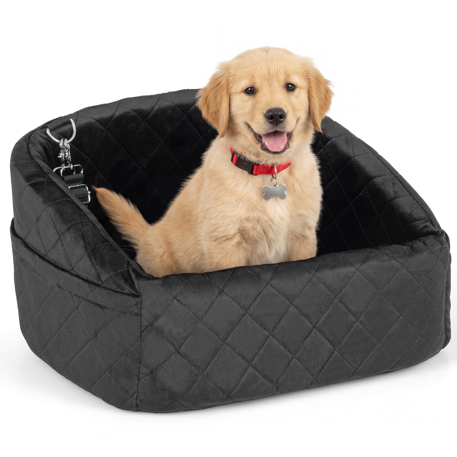 COSTWAY Asiento de Coche para Perros Pequeños y Medianos, Transportín Perro Coche con Correa de Seguridad, Bolsillos de Almacenaje, Base Antideslizante y Funda Lavable, 50 x 46 x 30 cm (Negro)