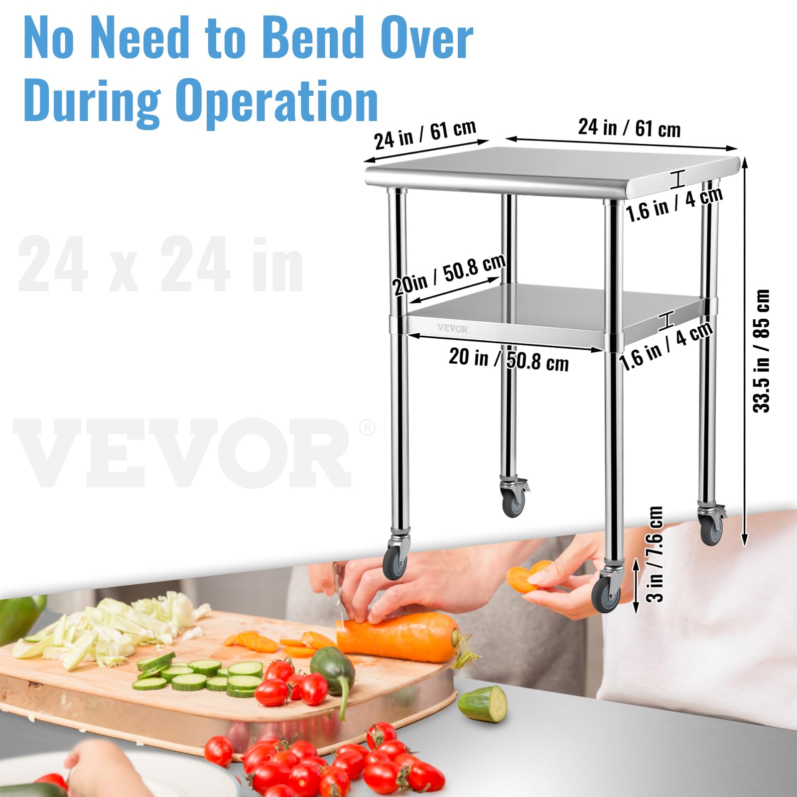 VEVOR Table de Travail INOX 61x61x85 cm Préparation 2 Niveaux 272,4 kg Cuisine Étagère Réglable Roues Rangement Aliments Restaurant Bar Garage