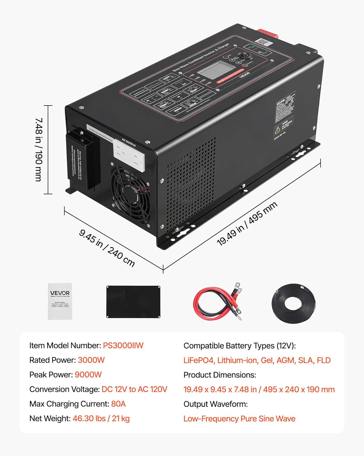 VEVOR Pure Sine Wave Inverter Charger, 3000W, DC 12V to AC 120V Power Inverter with LCD Display, Remote Control, Low Frequency, for RV Camper Home, Compatible with 12V LiFePO4 and Lithium Batteries