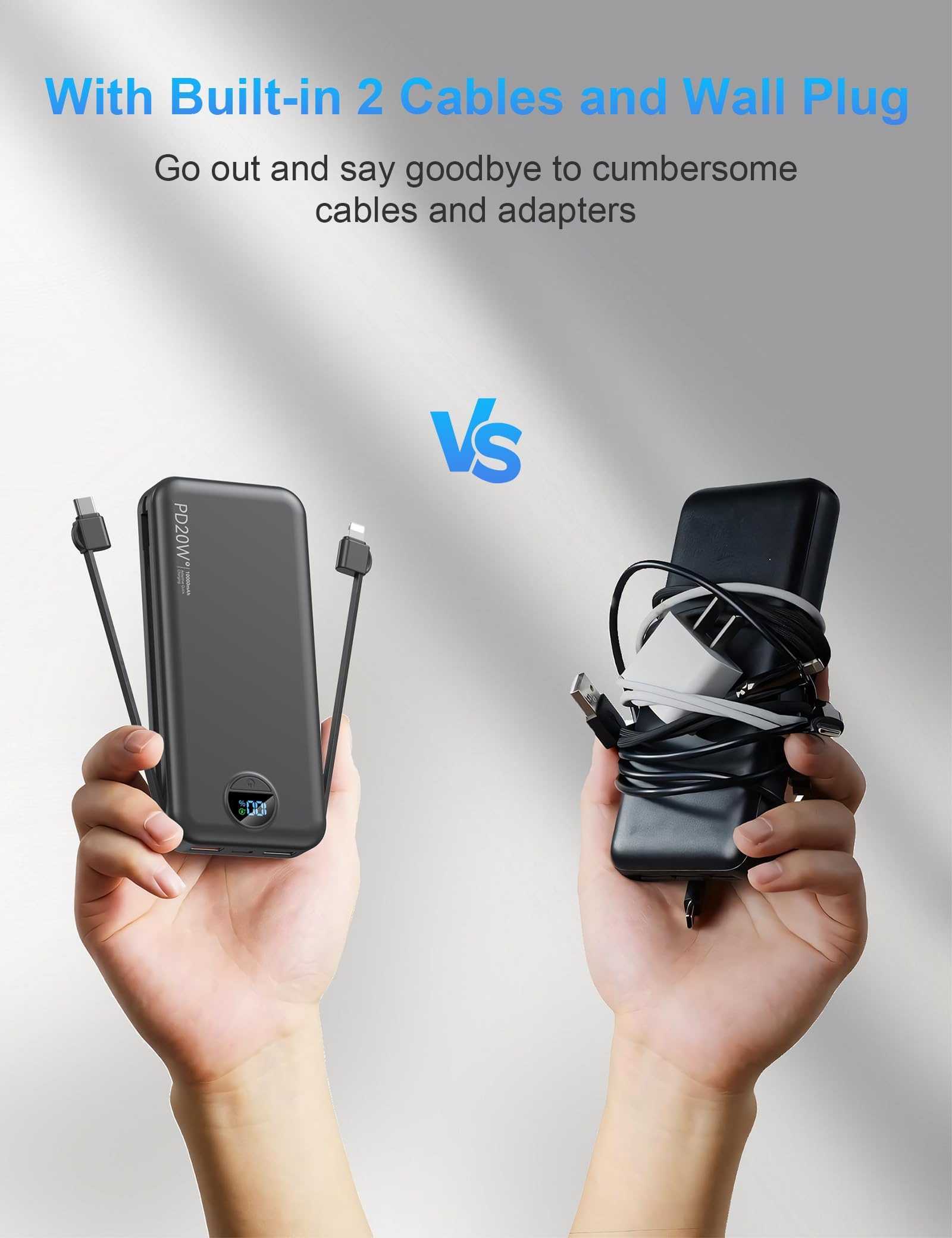 10000mAh batterie externe USB-C charge rapide, Bloc-batterie externe avec câbles intégrés, Affichage numérique, 5 sorties 4 entrées pour iPhone, Android