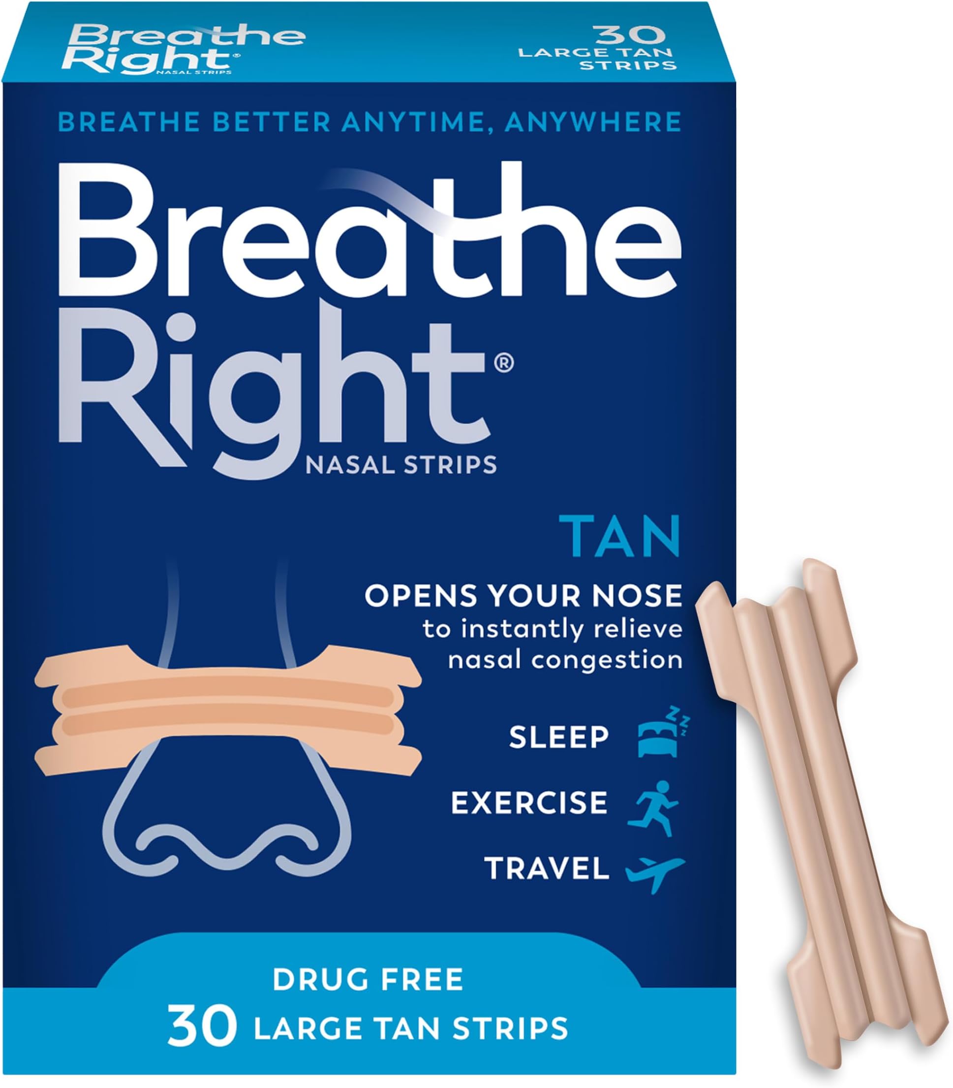 Breathe Right Nasal Strips, Extra Strength Tan Nose Strips, Drug-Free Nasal Congestion Relief for Better Breathing, Help Relieve Snoring, Caused by Colds & Allergies, Deviated Septum, 30ct