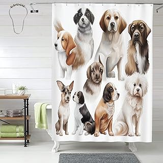 Nine Cute Dog Illustrations，hower Curtain, Shower Curtain Set with 12 Shower Curtain Hooks,Rustic Farmhouse Bathroom Shower Curtain, 60x72 Inches，White