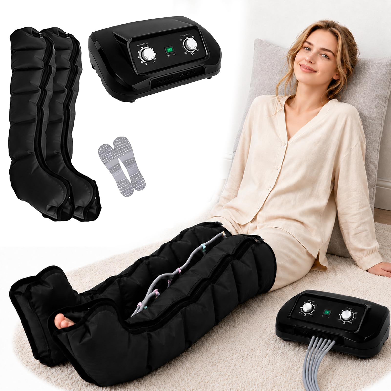 Pressoterapia per Casa Pressoterapia Linfodrenaggio, 6 Camere d’Aria, Presso Terapia Gambe Linfodrenante Professionale, Apparecchio Massaggiatore, 0-30 Min, 0-240 mmHg Regolabile