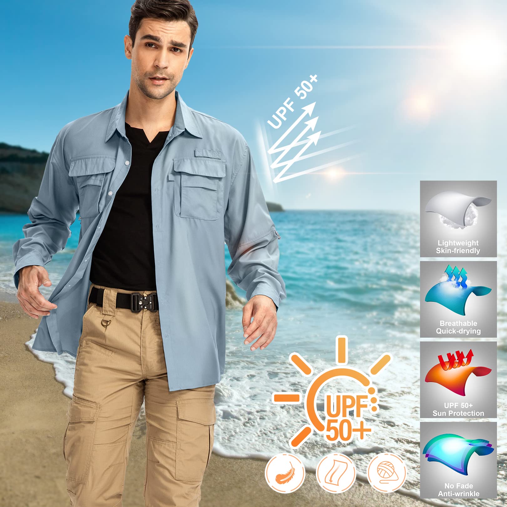 yeyity Chemise d'Extérieur à Manches Longues pour Homme UPF50+ Protection UV Safari Respirante et Fonctionnelle à Séchage Rapide pour Randonnée, Pêche, Trekking