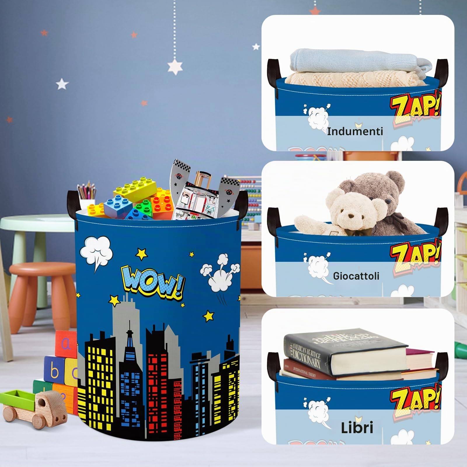 Clastyle Ceste Biancheria Bambini Città Skyline Blu con Coperchio per Ragazzo Ragazza Cestino Portaoggetti Giocattoli Pieghevole Vestiti Giocattolo con Manici per Bagno Cameretta, Skyline, 36x45 cm