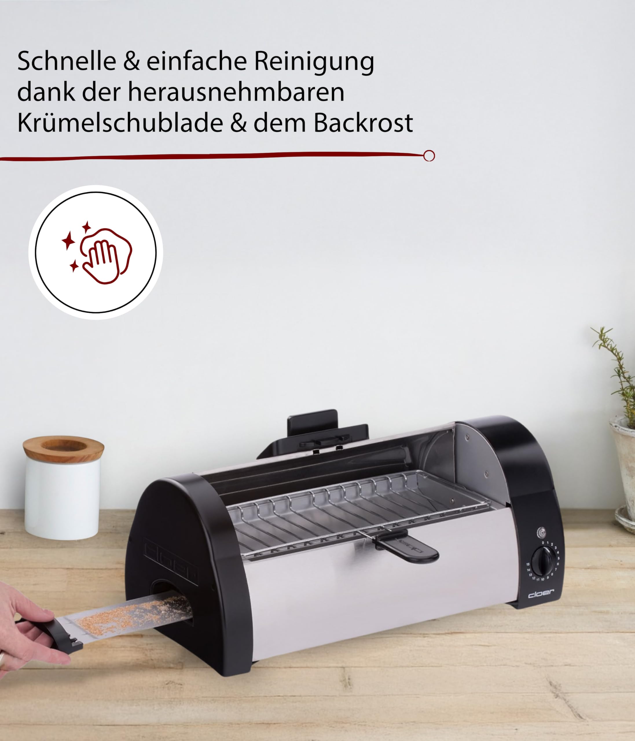 Cloer 3080 Brötchenbäcker zum Aufbacken von Brötchen, Kuchen oder Hefeteilchen 570 W, mattiertes Edelstahlgehäuse