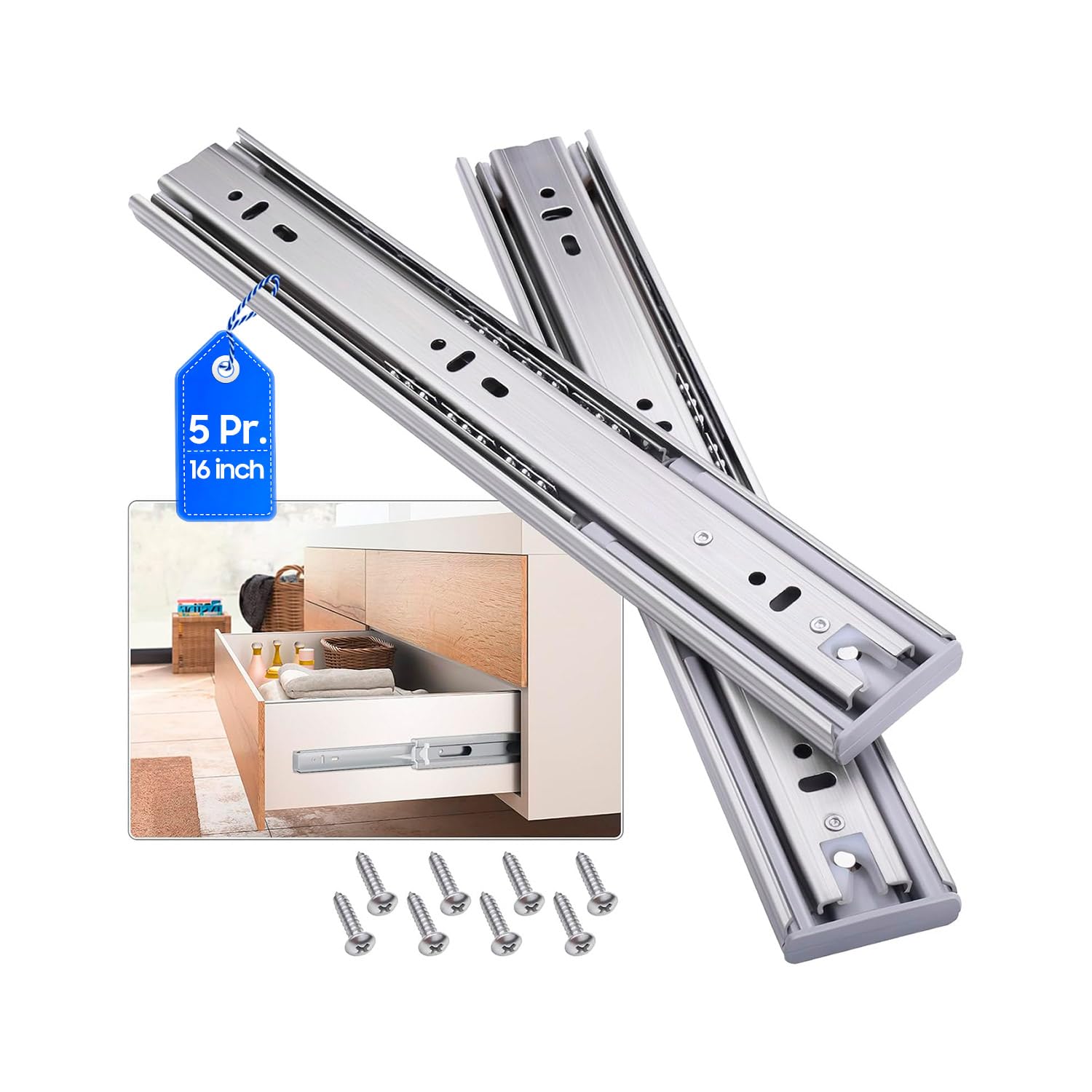 VAGUDE Drawer Runners Slides Full Extension 250 300 350 400 450 500 550 600 mm Side Mount Ball Bearing Dresser Cabinet Replacement Guide Rails 45kg (Stainless Soft Close-5 Pairs, 16 Inch(400mm))