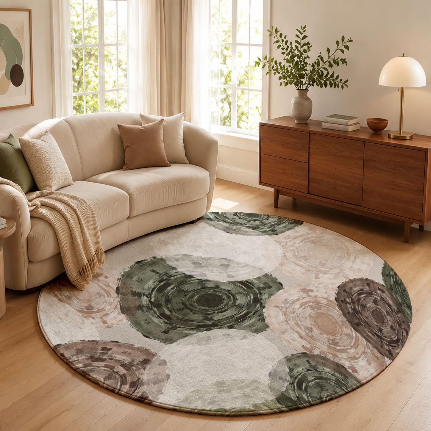 Tapis Texture des Anneaux d'arbre Rond 100cm | Art Abstrait Nordique Antidérapants Salon Lavables Tapis Ronds à Poils Courts Ronds Doux Vert Olive pour Chambre à Coucher