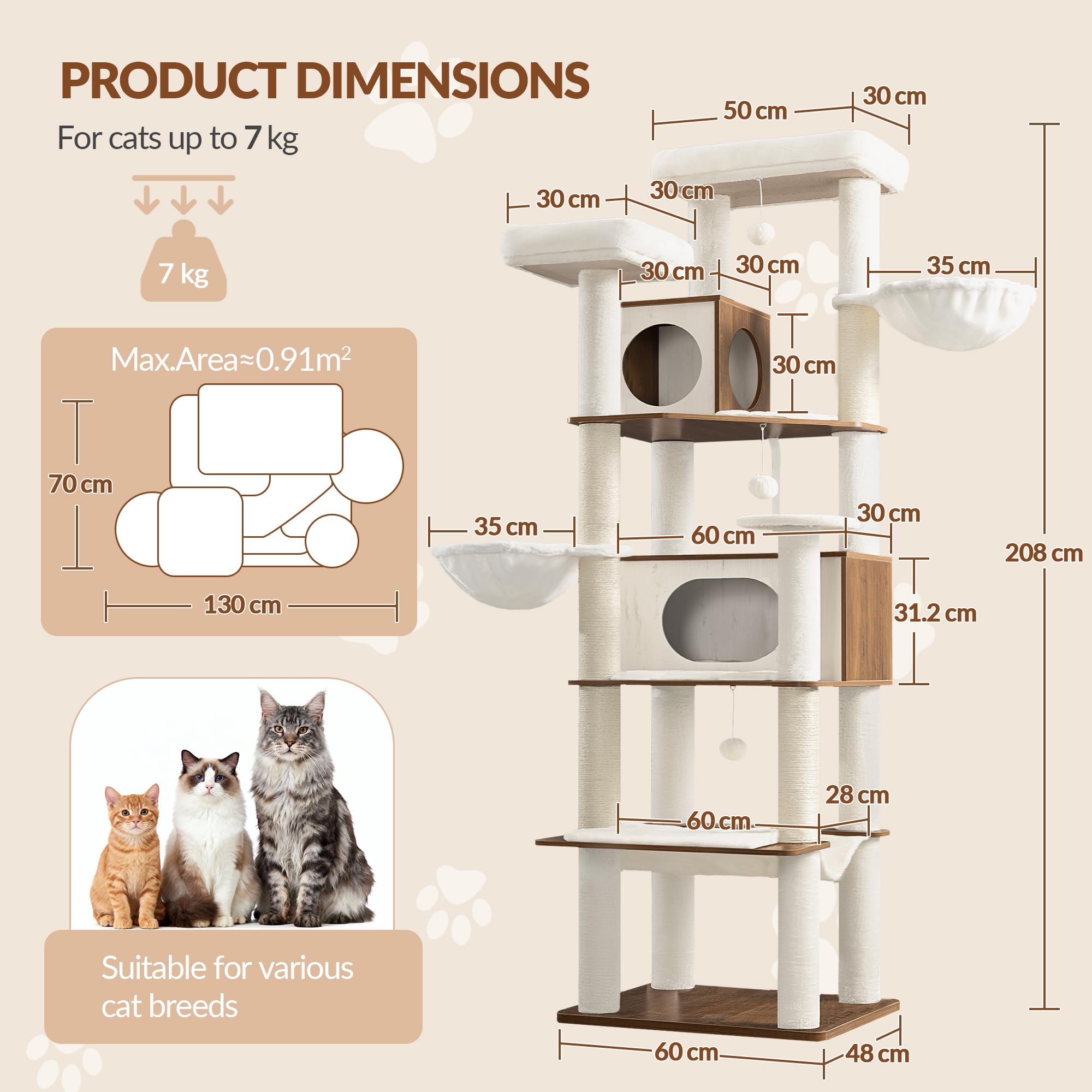 Arbre à Chat XXL, 208 cm Tour de Jeu, Marron et Blanc | Grande Niche et Hamac, 2 Plateformes, 5 Poteaux à griffer, Panier, Pom-poms, pour l'intérieur Moderne FPMS016PWR1