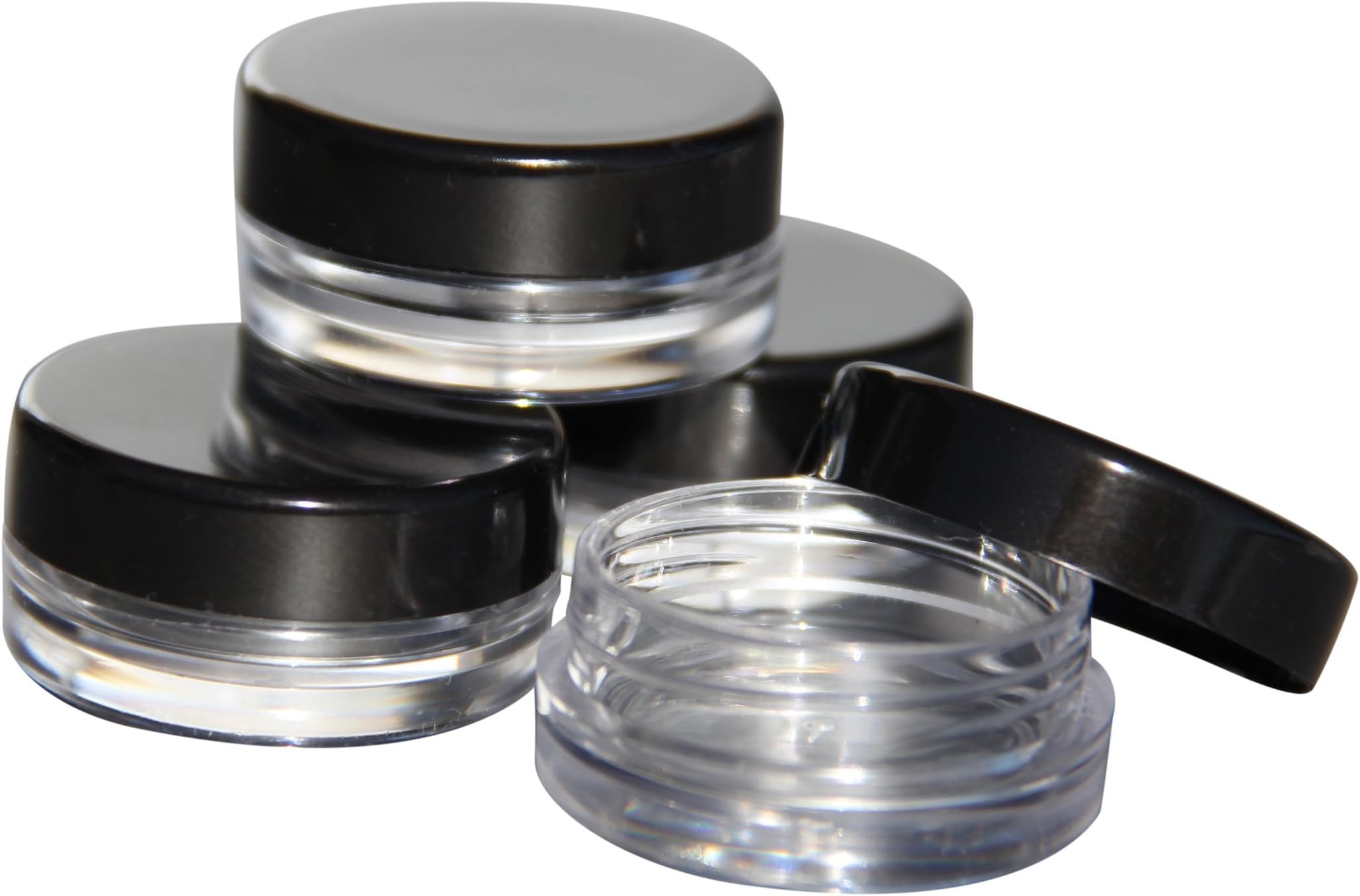 Dante Disposables Cosmetic Container Sample Jars, 3g/3ml, 100 Count with 100 Labels - Clear Jars w/Black Lids
