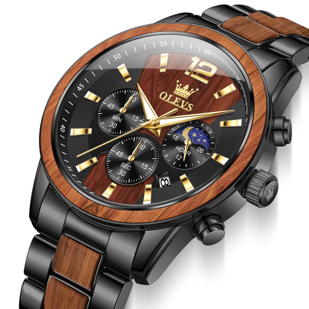 OLEVS Herrenuhr Analog Quarz Holz Armbanduhren Luxus Kleid Chronograph Edelstahl Wasserdicht Leuchtende Uhren Herren Geschenk