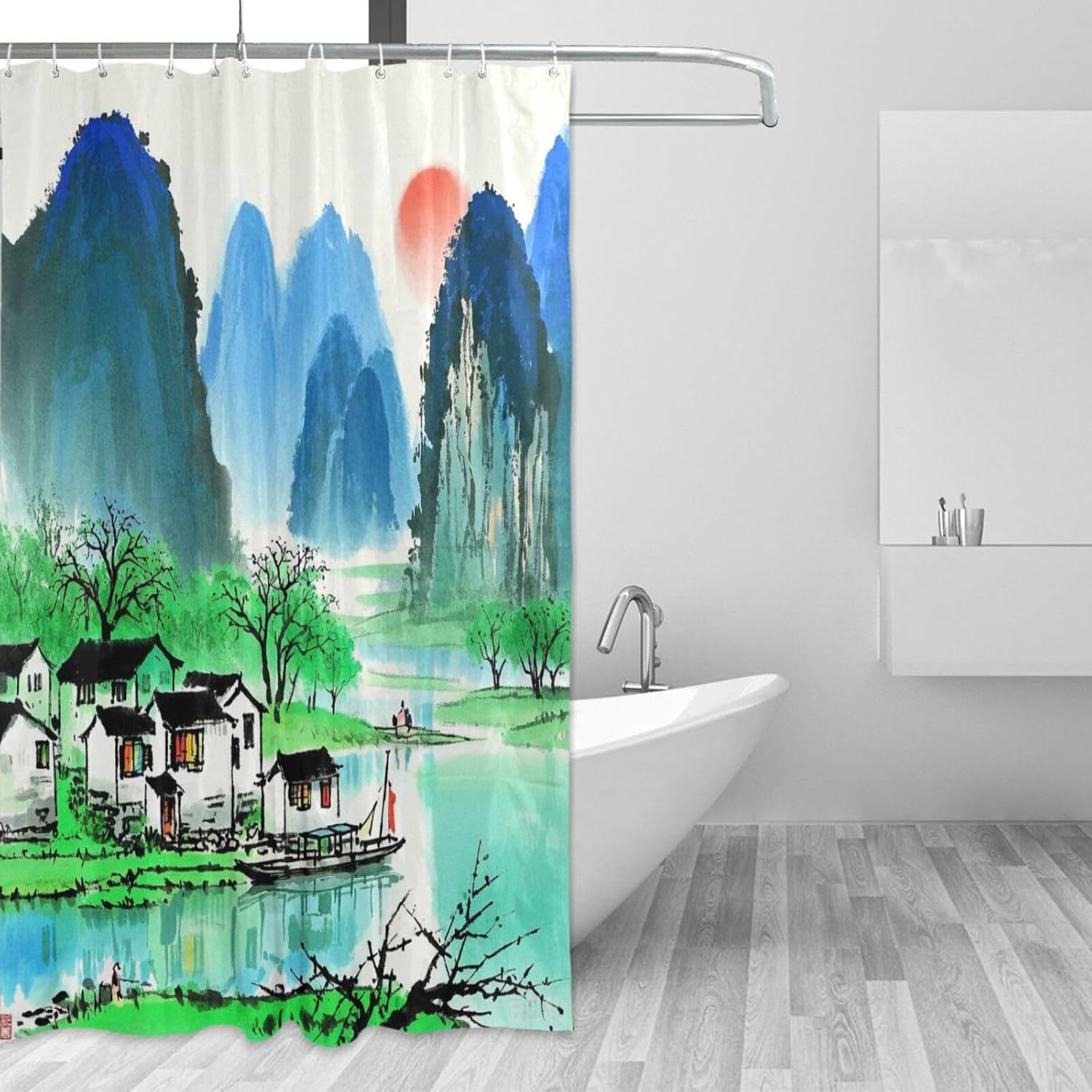 66x72 Inch Water Repellent Cloth Shower Curtain Modern with Hook Chinese Ink Painting Landscape Green Polyester Resistant Washable Shower Curtain Cloth Liner for Bath Shower