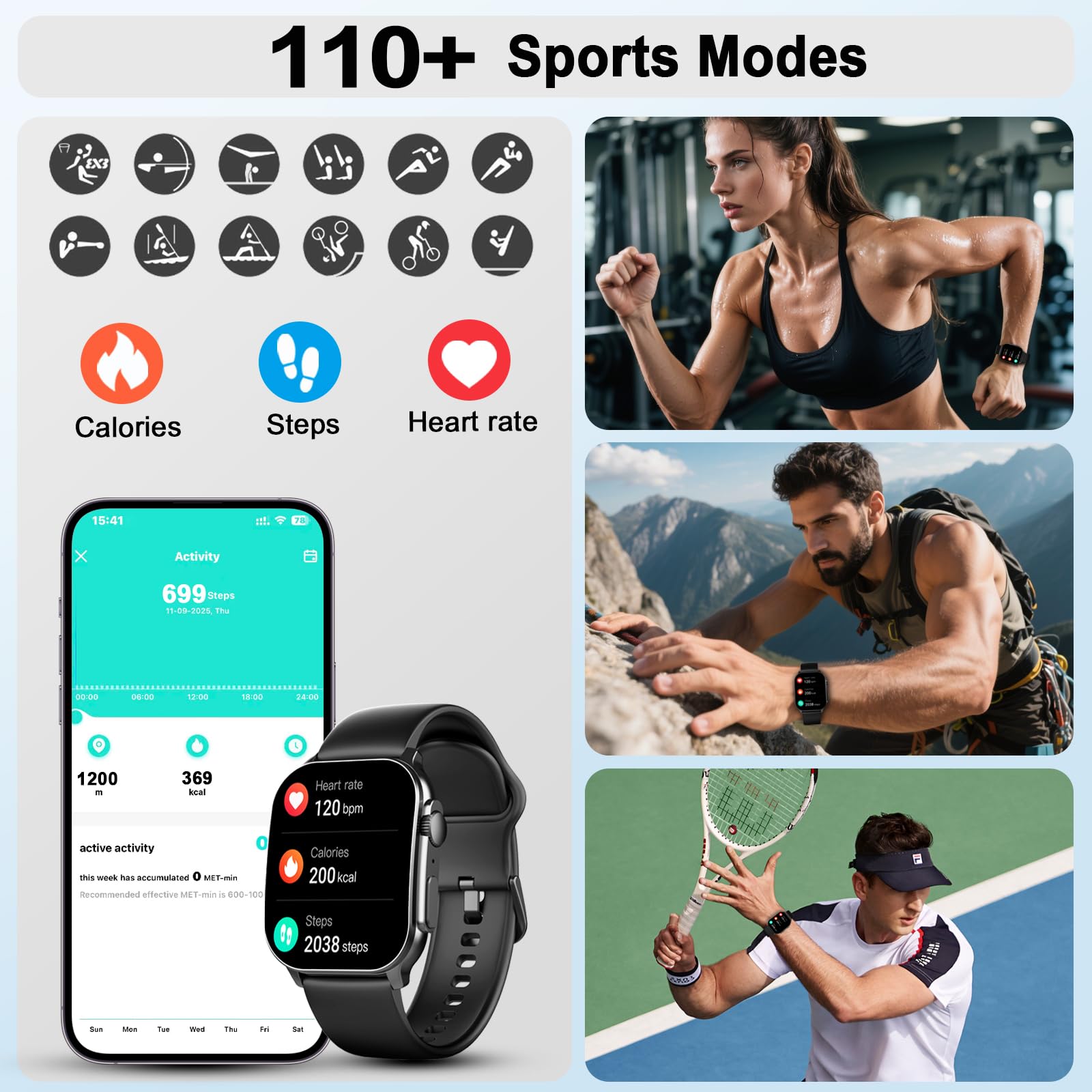 Smart Watch for Men Women, 2.01" AMOLED Curved Display Smart Watch, Bluetooth Call, 100+ Sport Modes, Fitness Tracker with 24/7 Heart Rate/Sleep Monitor, IP68 Waterproof Smartwatch for Android iOS