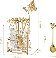 Vista 3 de Juego de 6 cucharas de café con soporte de vidrio, Juego de cucharas pequeñas de té de acero inoxidable dorado, Juego de mini cucharas de postre