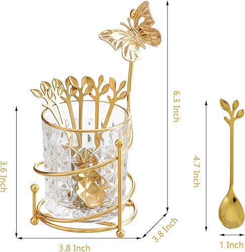 Miniatura 3 de Juego de 6 cucharas de café con soporte de vidrio, Juego de cucharas pequeñas de té de acero inoxidable dorado, Juego de mini cucharas de postre