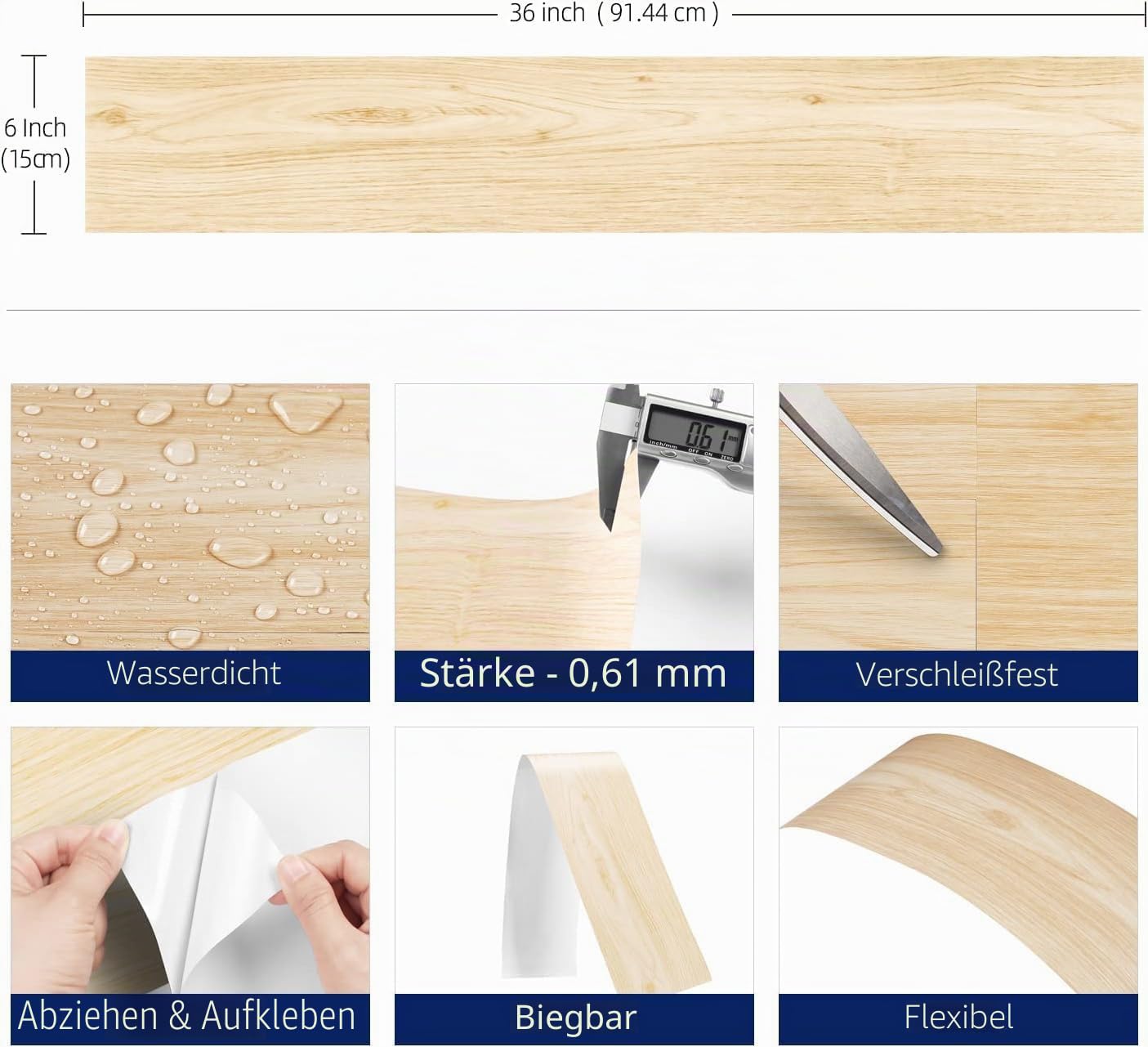 FunStick PVC Bodenbelag Holzoptik Dielen 15 Stück 90 X 15CM Fliesenaufkleber Holzoptik Eiche Vinylboden Selbstklebende Fliesen Boden Bad Wand Wohnzimmer PVC Fliesen Selbstklebend Klebefliesen Küche