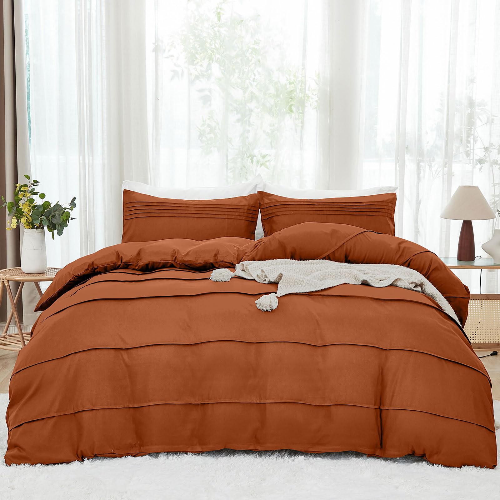 DJY Terracotta Duvet Cover Double Size, Autumn Burnt Orange Pleated Bedding Set - Image 4