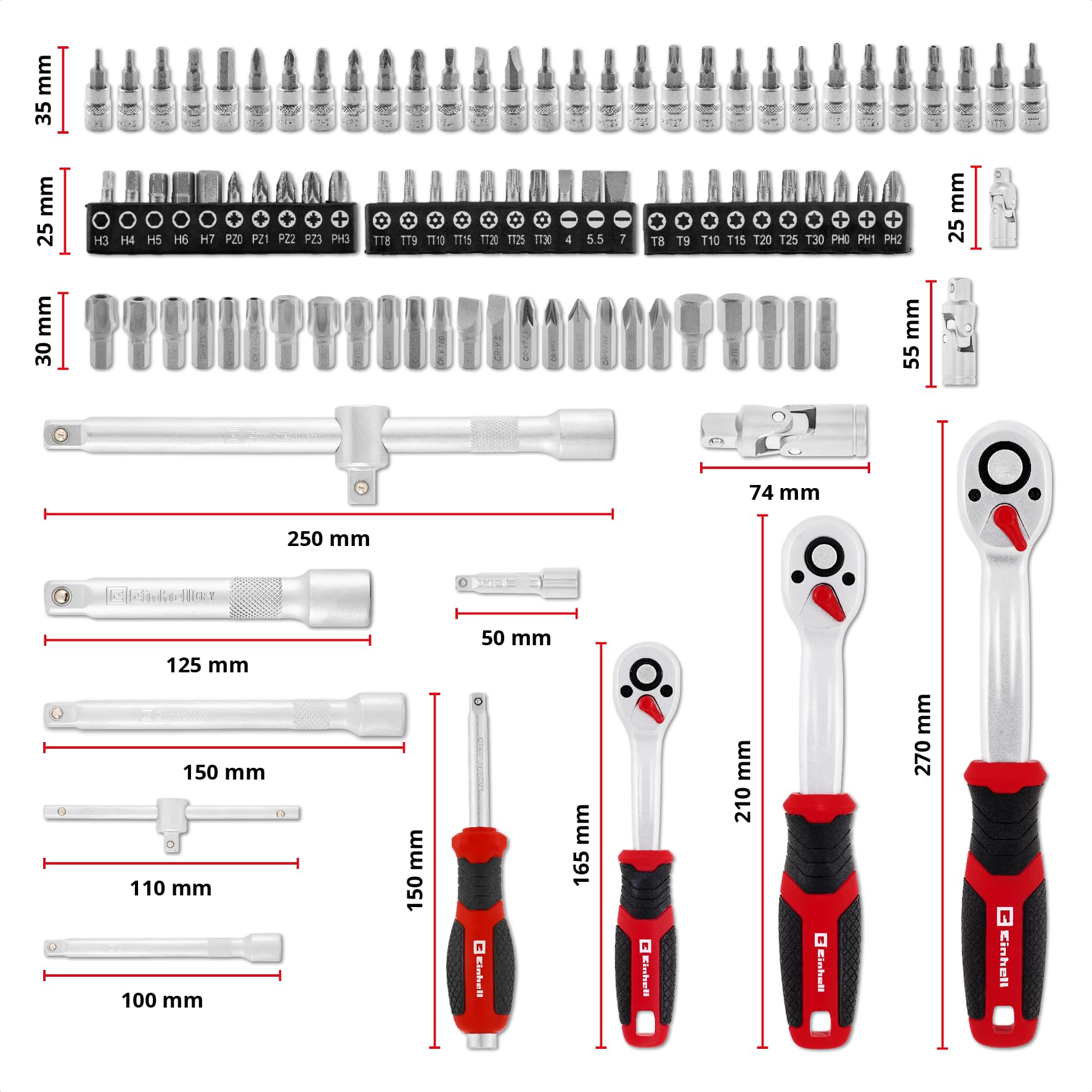 Einhell 181 pezzi set di bussole e cricchetto | Set di bussole | cricchetti | assortimento di inserti | impugnatura per cacciavite | chiavi esagonali | valigetta inclusa