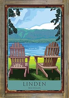 Linden Michigan Adirondack Chairs Lake Rustic Metal Print on Reclaimed Barn Wood from Alla Prima Painting by Artist Joanne Kollman 11.5" x 17.5"