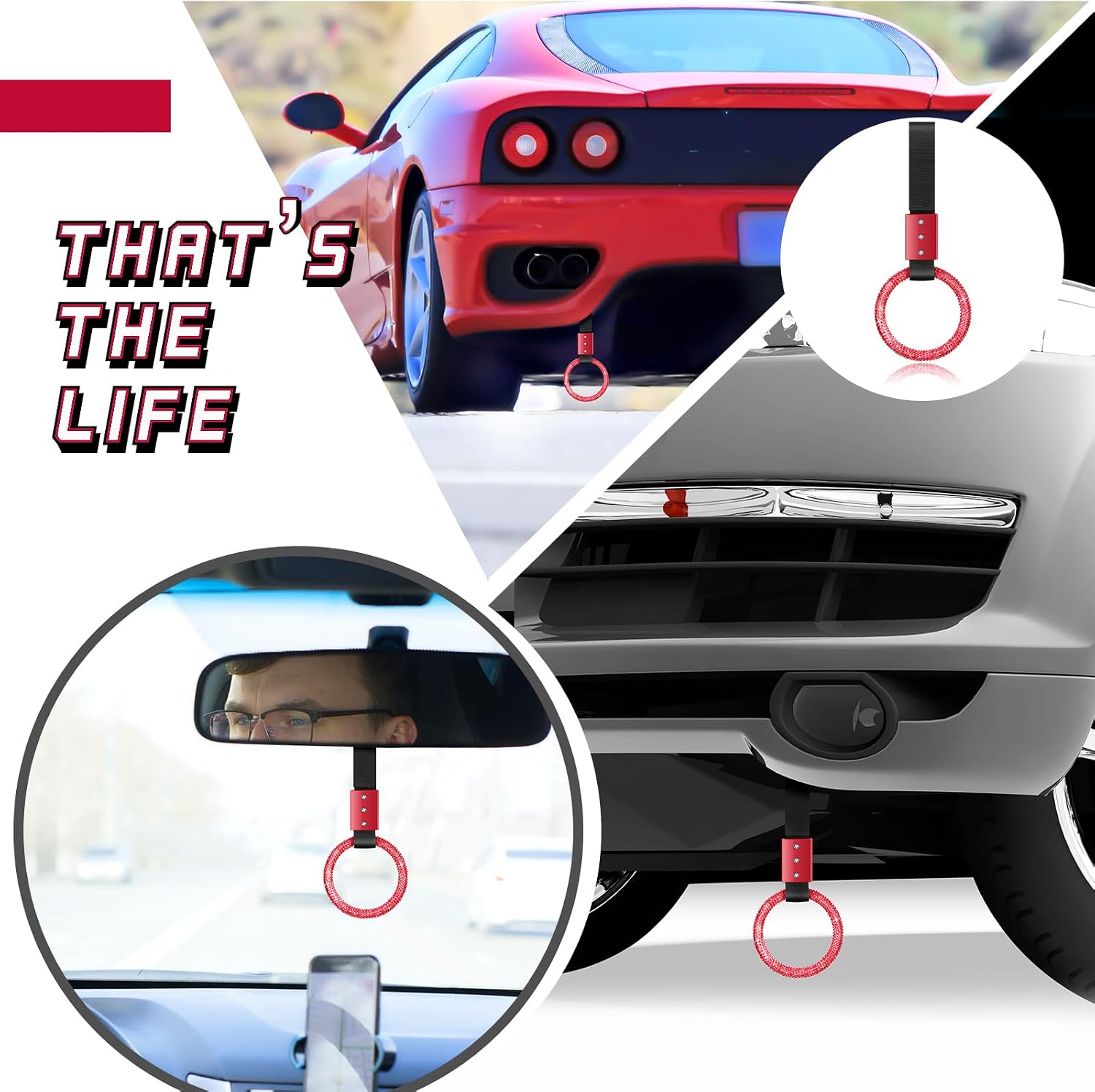 Fabbay Bling Car Accessories Bling Round Handle Ring Car Accessory for Women Hand Strap Drift Charm Rear Bumper Warning Ring Decor for Auto Bus Interior Exterior Decoration(Red, Round Style) thumbnail