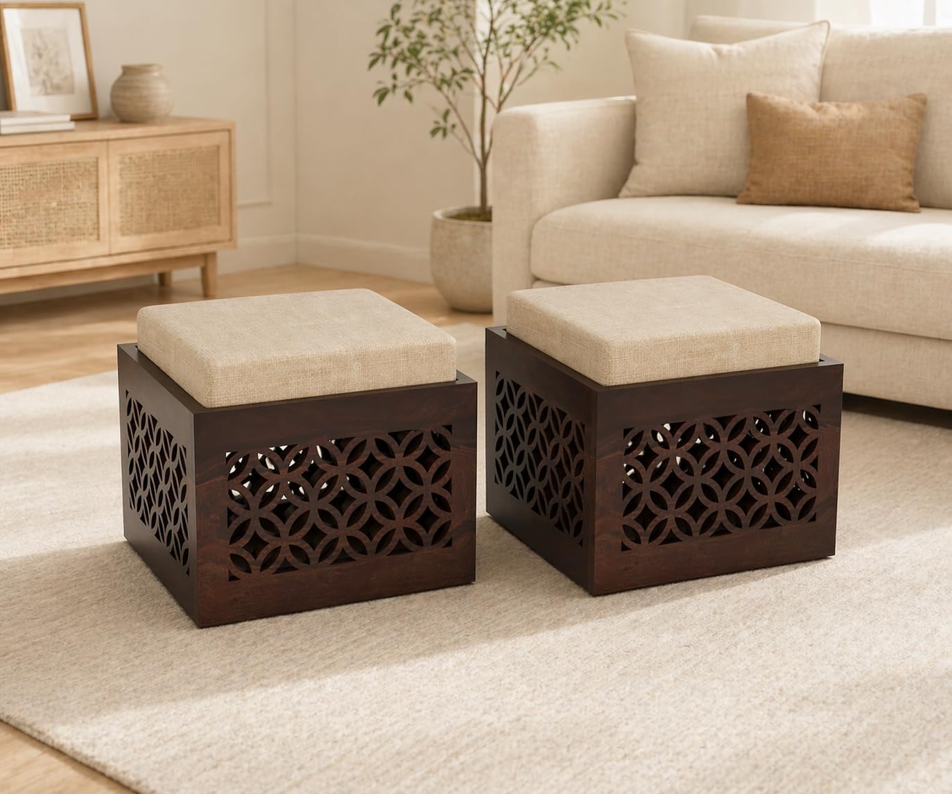 Premium Wooden Ottoman Stool Set of 2 with Cushioned Seating, Elegant Design—Perfect for Living Rooms, bedrooms, Offices, and Modern Home Decor (CNC- Walnut Finish)-image-36