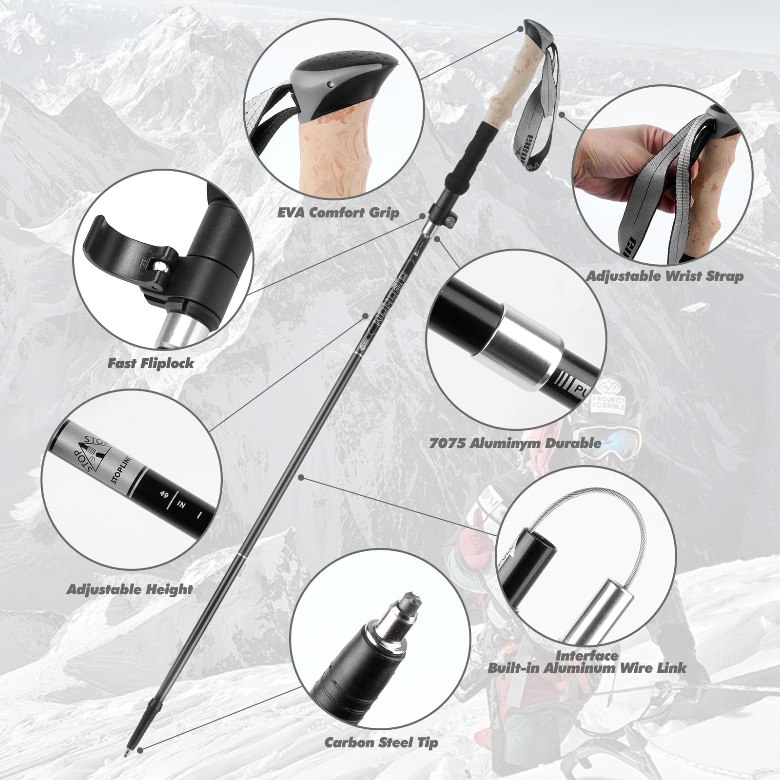 GIBOHOM Wanderstöcke Faltbar 105-125 cm 7075 Aluminium, 2 Nordic Walking Stöcke mit Klemmverschluss, 4 Paar Gummipuffe, Tragetasche, Wanderstöcke Teleskop für Trekking, Skifahren, Wandern, Bergsport