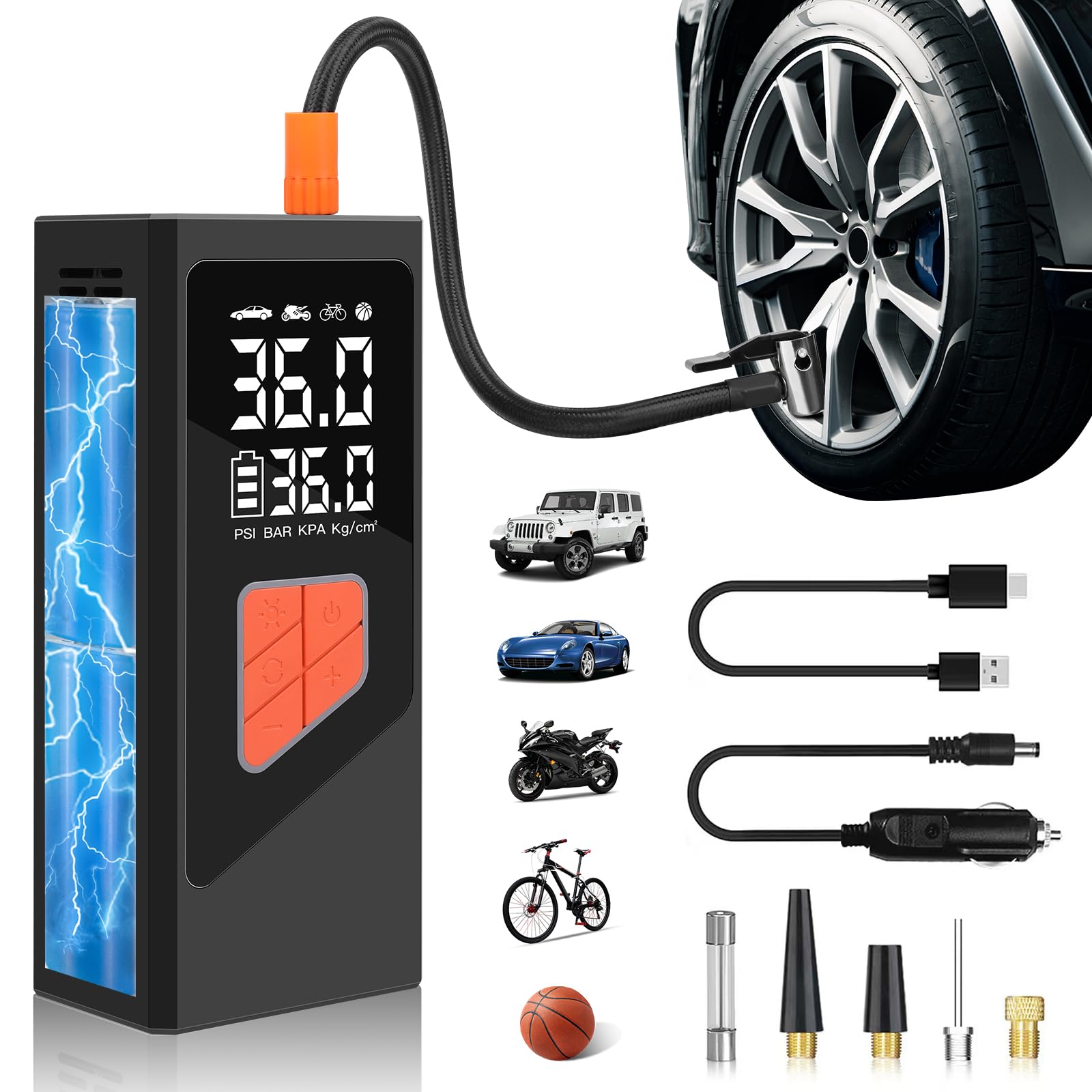 Portable 12V Car Tire Inflator Air Compressor Pump - 150 PSI, 1.5 Gallon Tank, 1/4 HP, With Gauge & LED Lights 7 thumbnail image