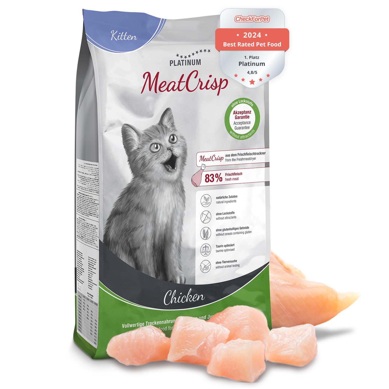 PLATINUM - Katzenfutter MeatCrisp Kitten Chicken aus dem Frischfleischtrockner - 1,5kg Katzenfutter trocken mit 83% Frischfleisch - Trockenfutter für Kitten und Jungkatzen mit Crispy Biss