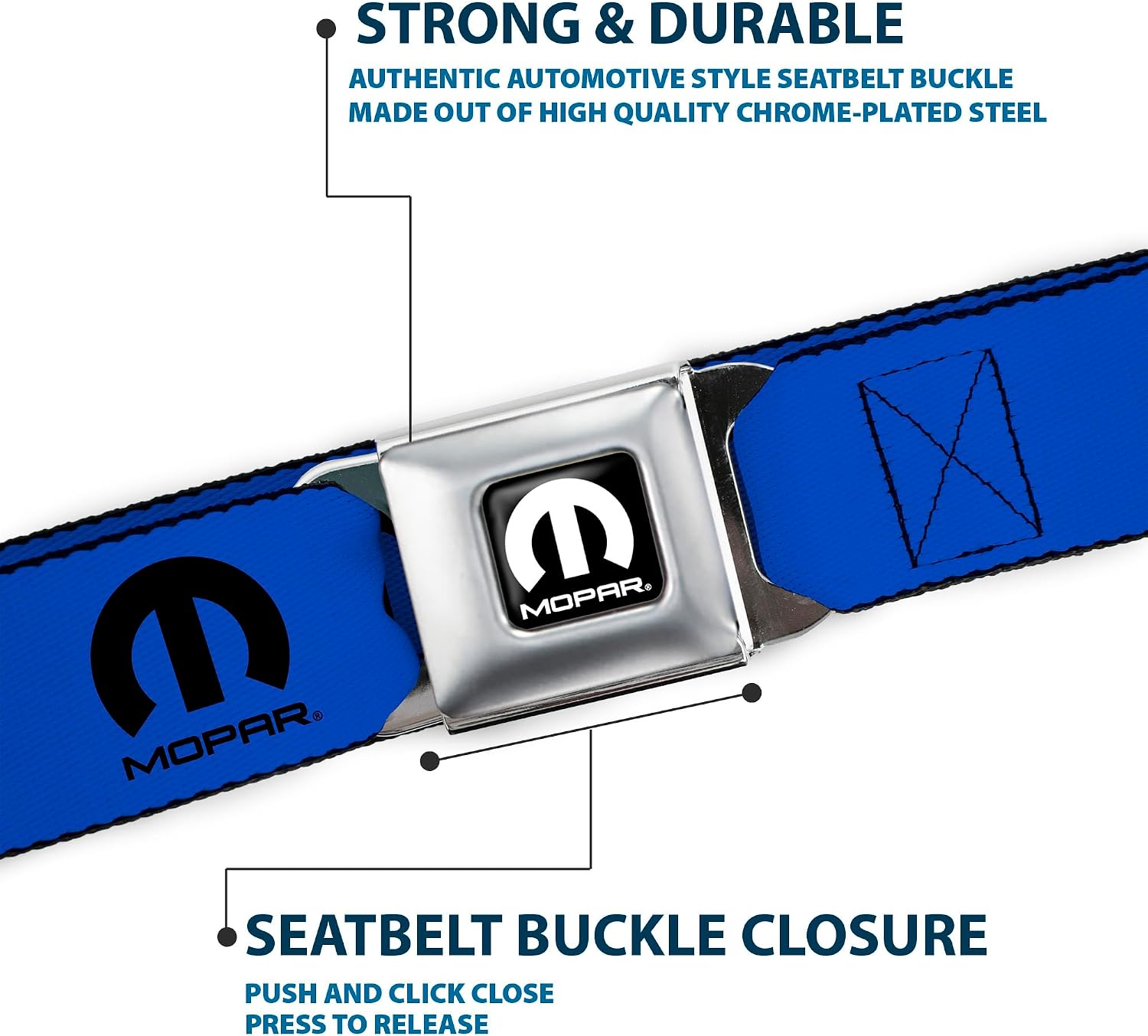 Buckle-Down Belt Seatbelt Buckle Mopar Logo Repeat Blue Black Mens Womens Kids Adjustable