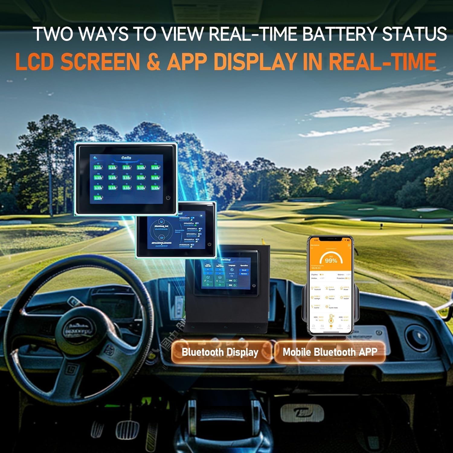 48V(51.2V) 100Ah LiFePO4 Lithium Golf Cart Battery, Built-in Smart 200A BMS with Touch Monitor and 18-Amp Charger, 1000A Peak Current, Max 10.24kW Power Output, Perfect for Golf Carts, Solar