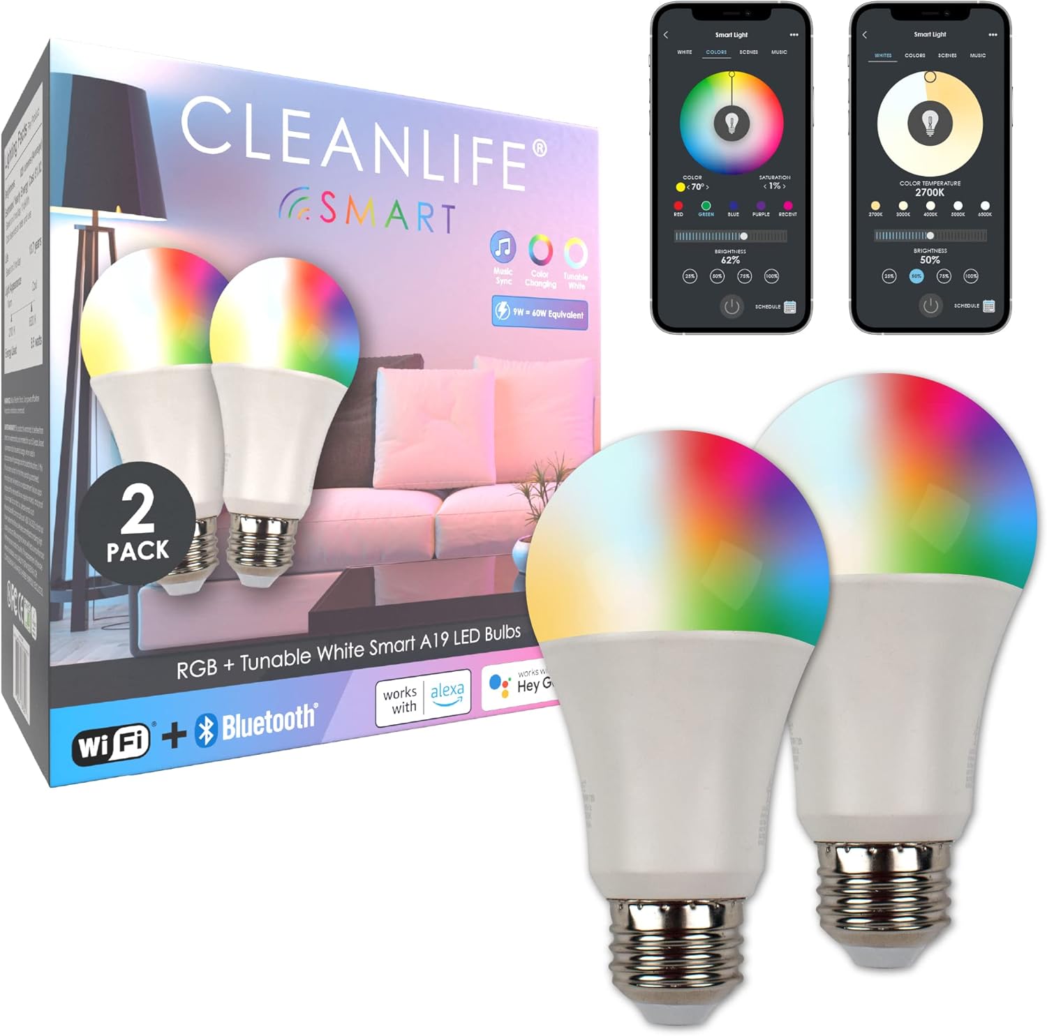 CLEANLIFE Smart Gen 2 A19 LED Bulb – RGB + Tunable White Smart Bulb with WiFi & Bluetooth Light Control – App Controlled, Programmable LED Lights – Pack of 2 9W Dimmable LED Light Bulbs