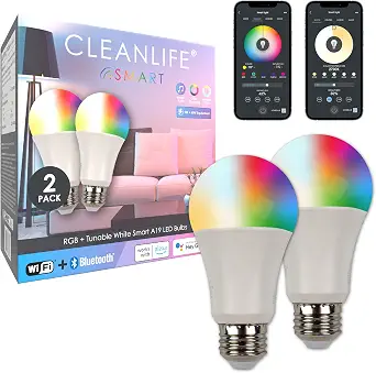 CLEANLIFE Smart Gen 2 A19 LED Bulb - RGB + Tunable White Smart Bulb with WiFi & Bluetooth Light Control - App Controlled, Programmable LED Lights - Pack of 2 9W Dimmable LED Light Bulbs