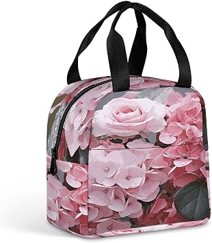 Classic Lunch Box for Men Women,Pink Rose Hydrangea Reusable Insulated Lunch Bag Cooler for Work Picnic Or Travel