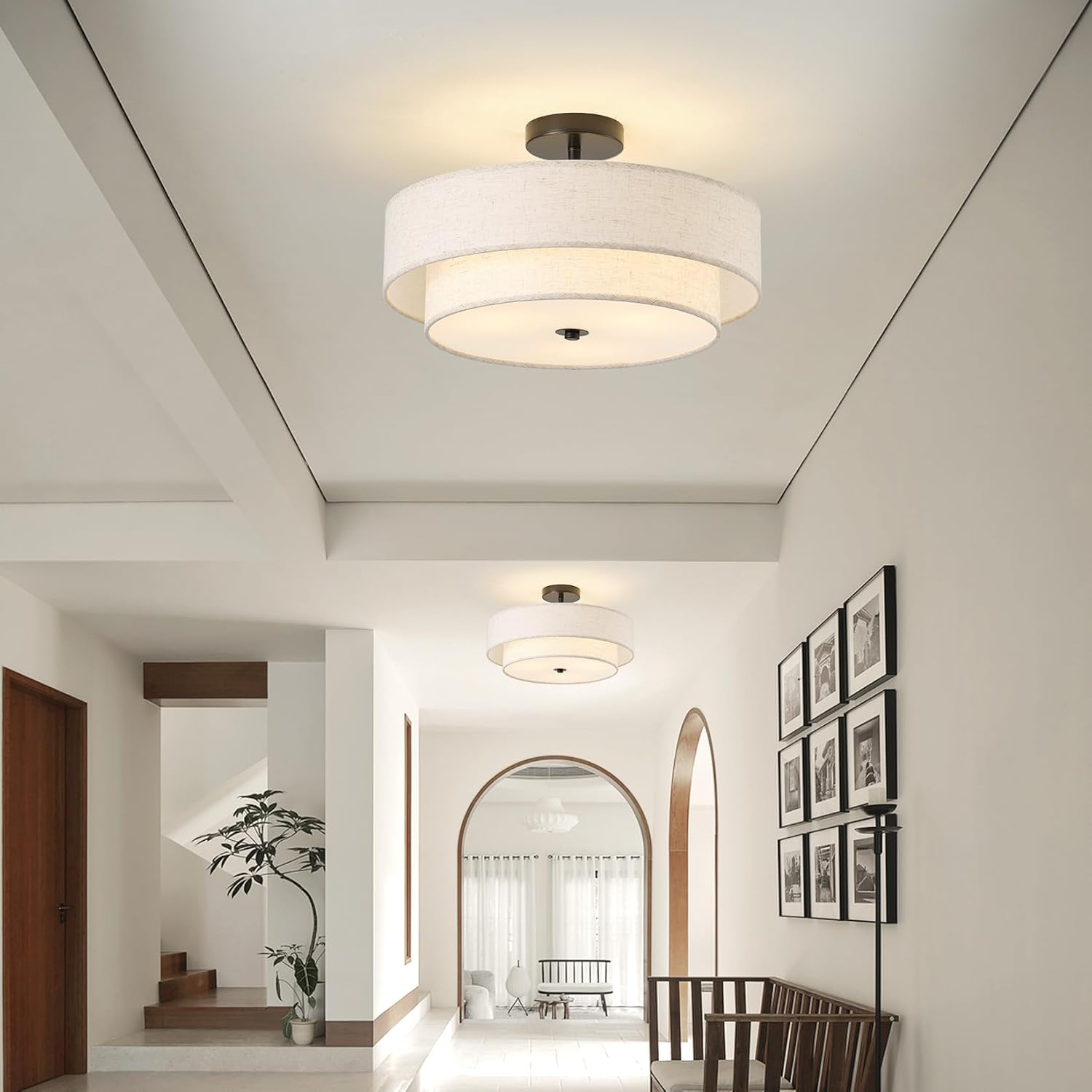 17.7" Close to Ceiling Light Fixtures, Black Semi Flush Mount Ceiling Light Fixtures with 2-Tier Drum Fabric Lamp Shade, Modern Ceiling Light Fixtures Flush Mount for Bedroom Hallway Nursery