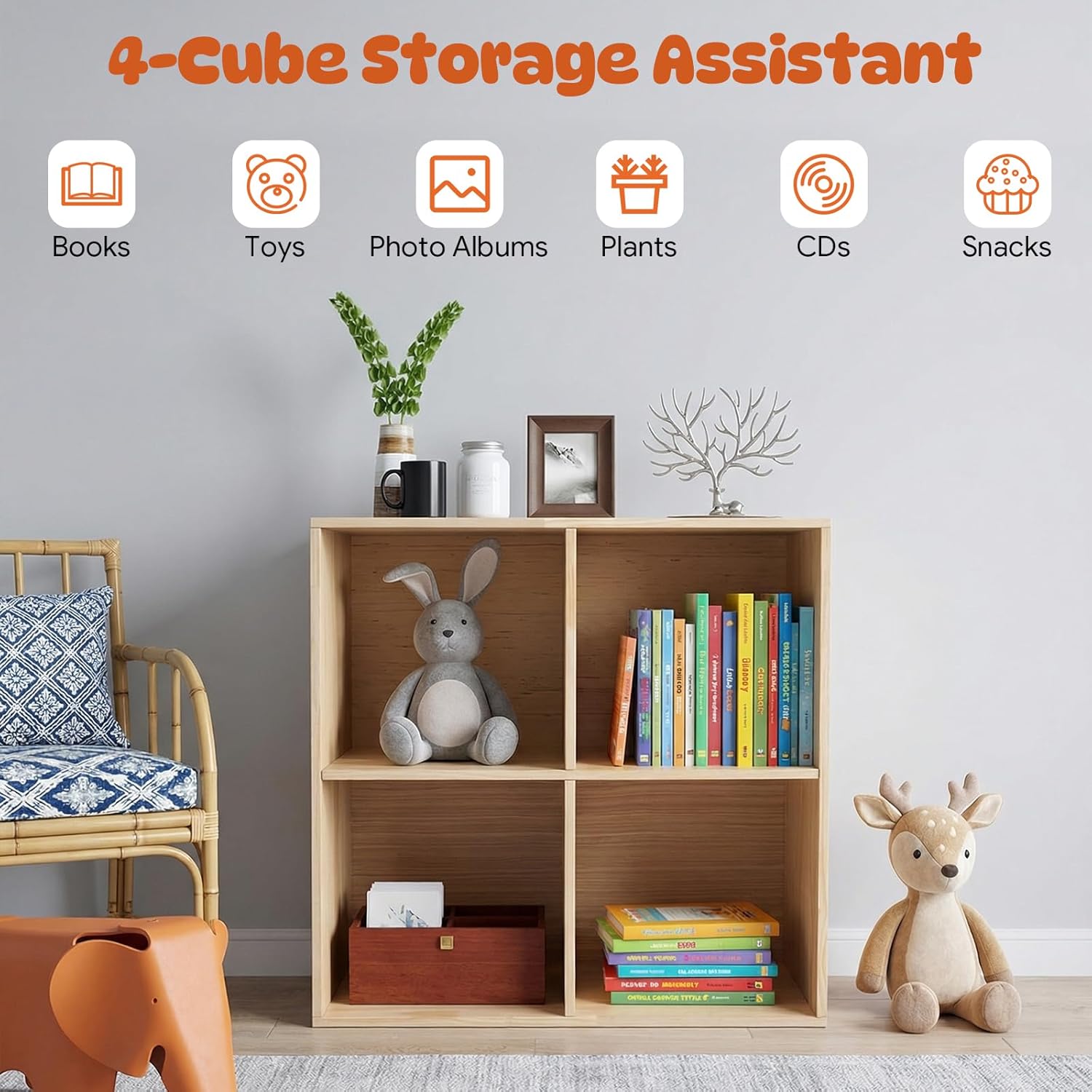 Solid Wood Bookcase 4-Cube Shelf, Convertible Vertical/Horizontal Storage Unit, Modern Farmhouse Bookcase with Mortise Tenon Joints, Natural Wood Color (4-Cube)