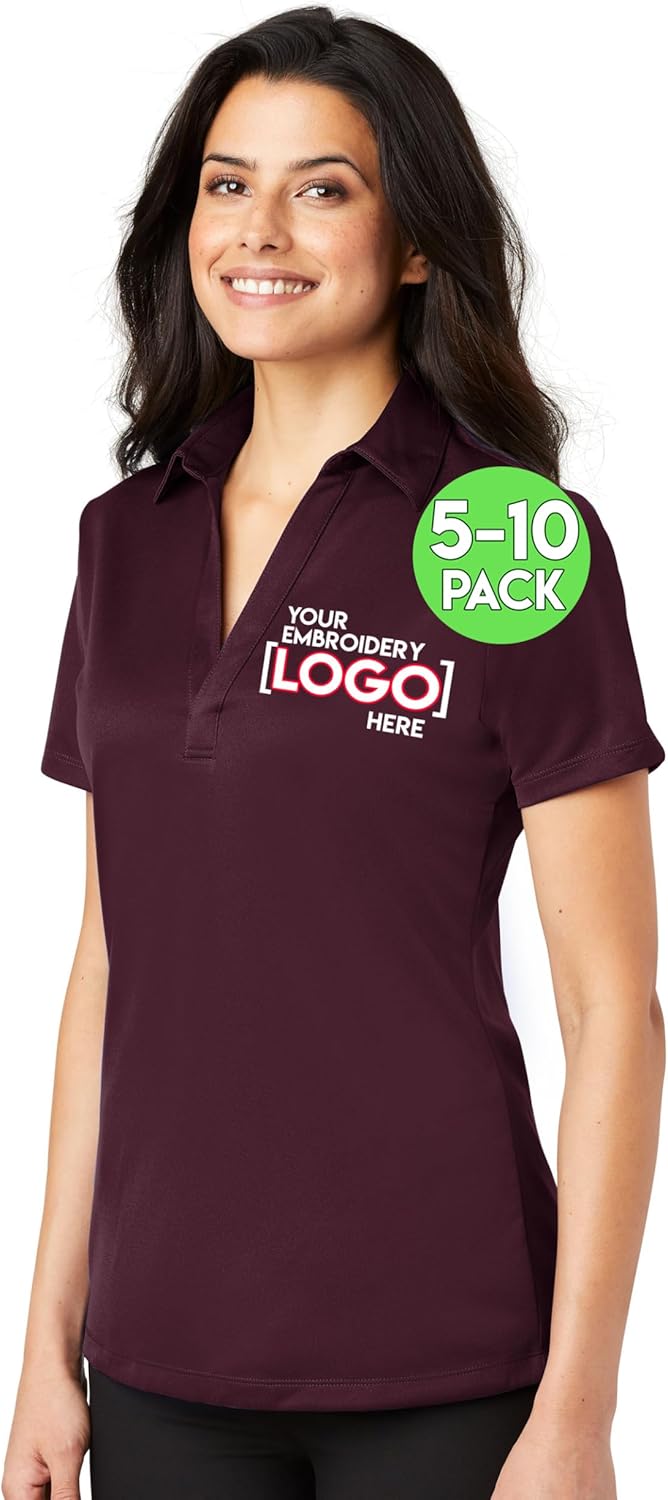 Custom Embroidered Polo Shirts for Women, 5 or 10 Pack - Personalized Embroidery Polyester Polos with Logo