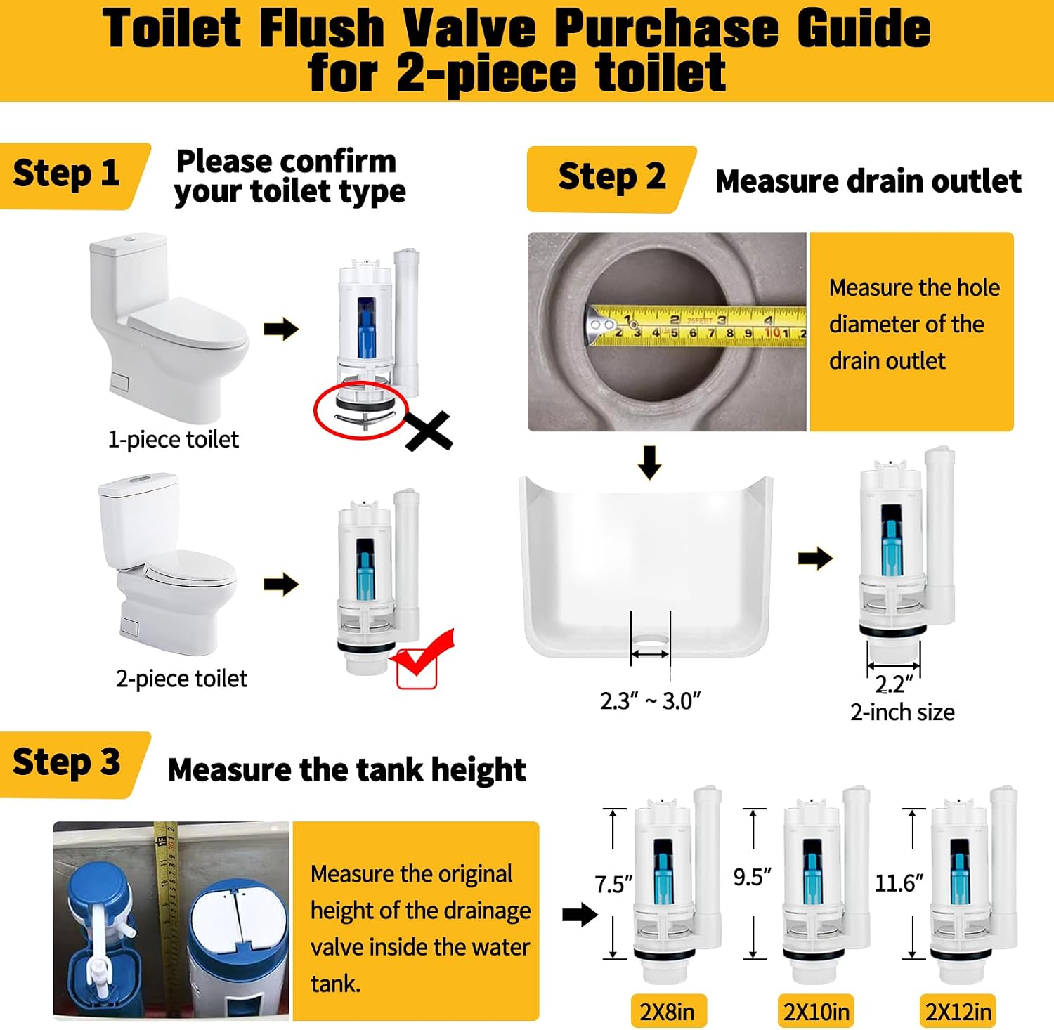 KERDE 2-Inch Automatic Toilet Flusher - Dual Flush Valve with Button, Repair Kit for 2-Piece Toilet (2F-19CM) image 4