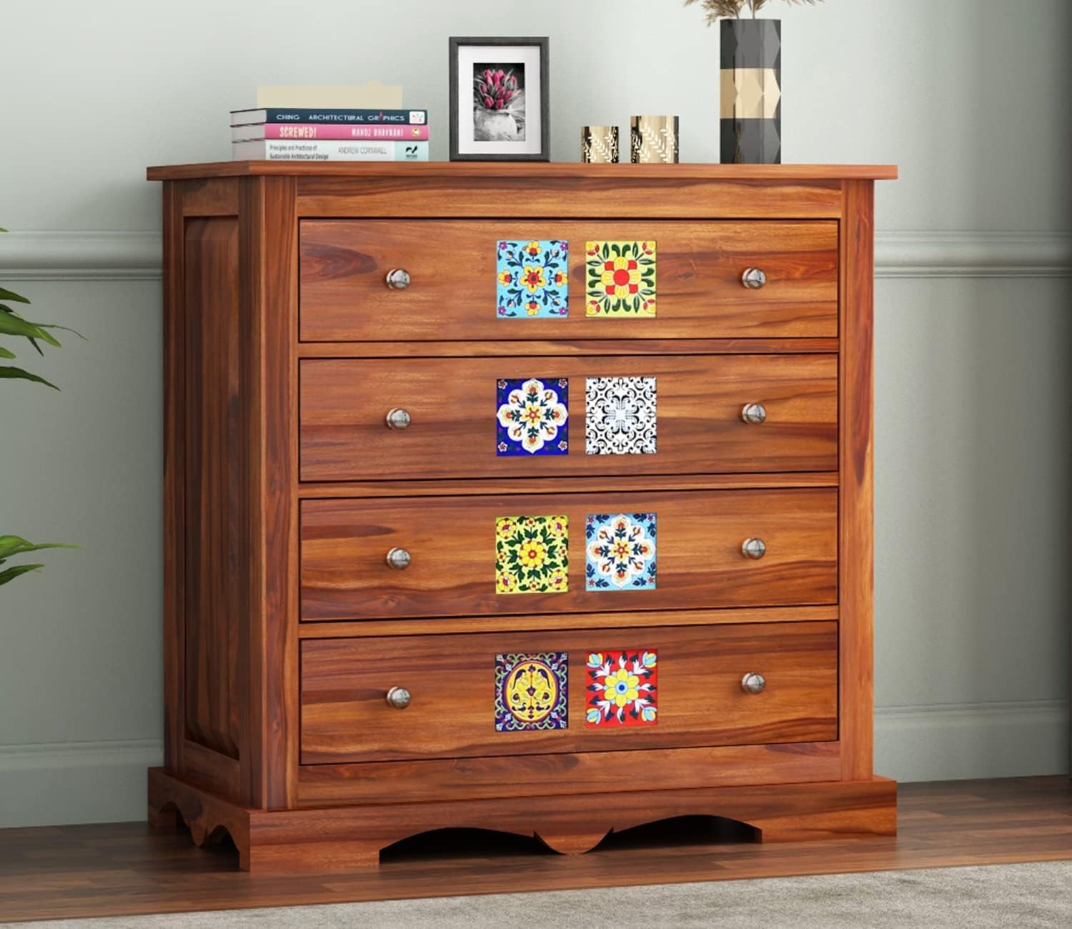Solid Sheesham Wooden Sideboard Cabinet with 4 Drawer - Chest of Drawers Wooden Drawer Storage Cabinet for Bedroom Living Room Storage Furniture (Honey, William)-image-43