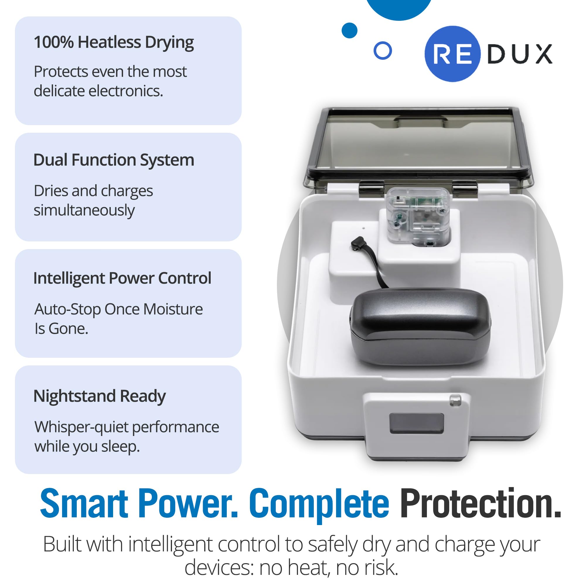 Redux Ultra Dry & Charge - Deumidificatore per apparecchi acustici con asciugatura senza calore, rimozione dell'umidità, porta di ricarica per apparecchi acustici ricaricabili, auricolari e piccoli