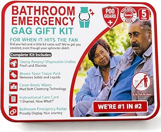 Funny Bathroom Emergency Kit, Poop Prank Gift Set with Wipes and Underwear | 5-piece adult gag gift with underwear, wet wipes, tissues, care card and novelty badge packed in a compact metal tin.