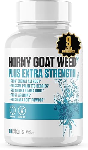 Horny Goat Weed Plus Extra Strength  Pastillas de suplemento de hierba de cabra cachonda #1 con Tongkat Ali, raíz de maca, L-Arginina + 5 más