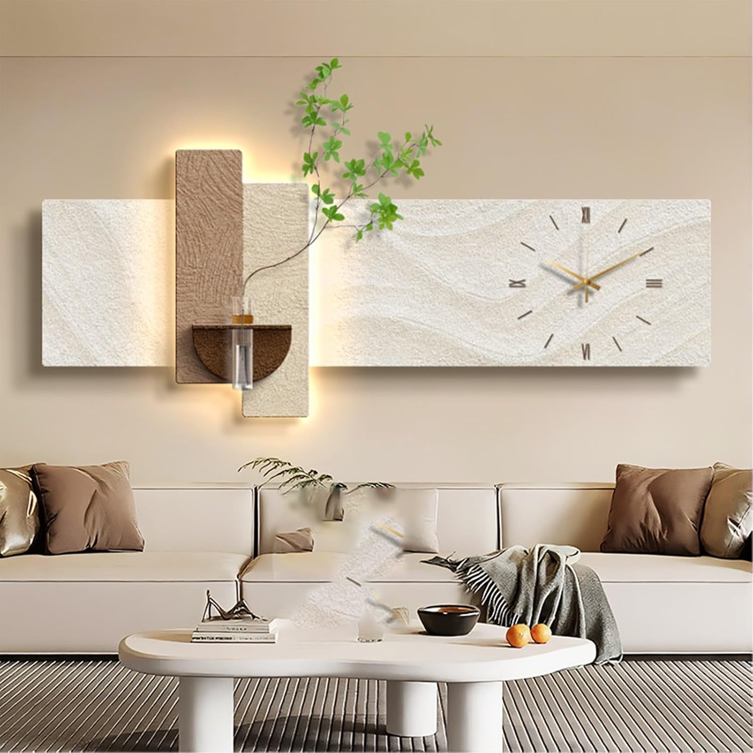 Wabi-Sabi 3D LED Wall Art Decor with Clock, Modern Minimalist Backlit Wall Sculpture with Plant Vase, Large Textured Wall Hanging for Office, Earth Tone Home Decor(Beige,100cm/39.3in)