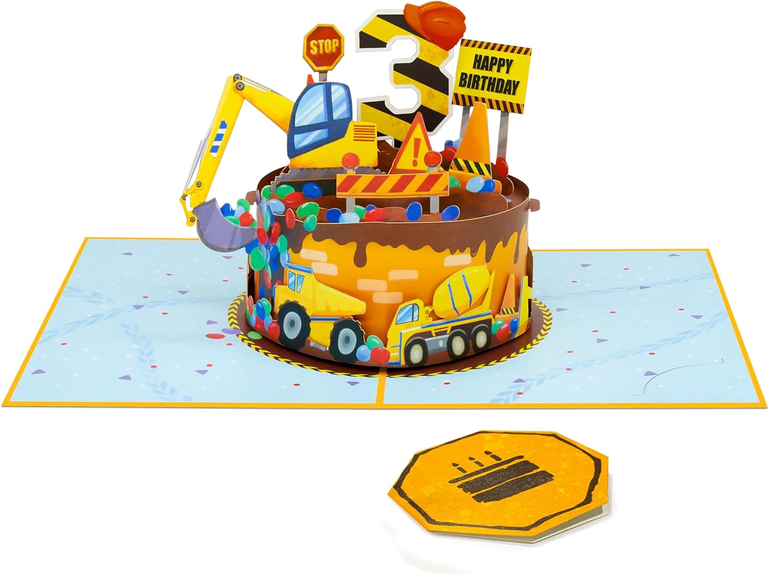 Construction Birthday Cake 3rd Pop Up Card, Excavator, Crane, 3D Greeting Card, Ideal Gifts for Kids, Toddler, Children, Son, Grandson, Nephew, 5x7 - Includes Envelope And Message Note - Image 3