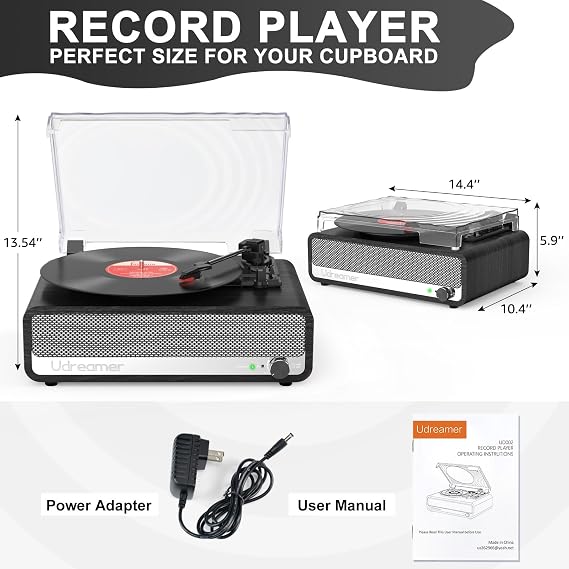 Vinyl Record Player with Built-in Speakers,3 Speed Turntable with Latest Bluetooth 5.3, AUX Input, Headphone Jack, RCA Output and Auto Stop, Mirror Vintage Wooden Black