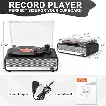 Vinyl Record Player with Built-in Speakers,3 Speed Turntable with Latest Bluetooth 5.3, AUX Input, Headphone Jack, RCA Output and Auto Stop, Mirror Vintage Wooden Black