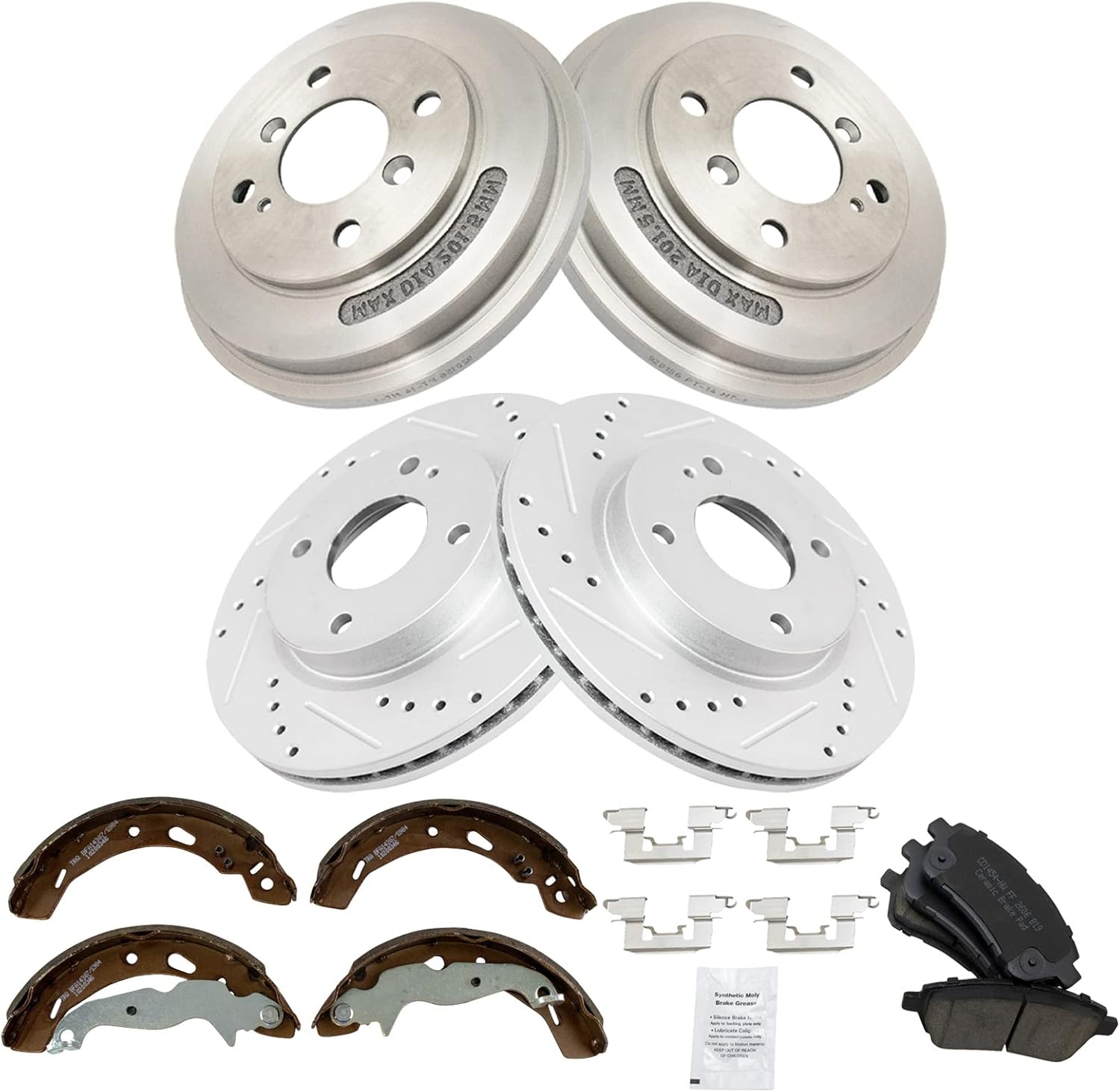 TRQ Front Rear Brake Pad Rotor Shoe Drum Kit Ceramic Slotted Drilled G-Coated Compatible with 2011-2016 Ford Fiesta